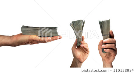 Money bills, stacks and bunches, banknotes in hands set, isolated on white background Money bills, stacks and bunches, banknotes in hands set, isolated on white background 110138954