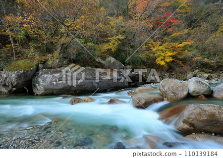 View of Atera Blue and autumn leaves at the entrance of Atera Valley, Nojiri, Okuwa Village, Kiso District, Nagano Prefecture View of Atera Blue and autumn leaves at the entrance of Atera Valley, Nojiri, Okuwa Village, Kiso District, Nagano Prefecture 110139184