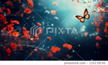 Abstract natural spring background with butterflies and light red dark meadow flowers closeup. 110139240
