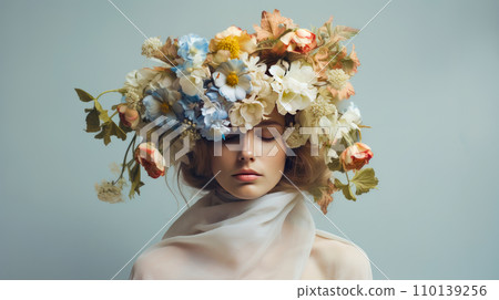 Woman with her head covered with spring flowers on a light background. Woman with her head covered with spring flowers on a light background. 110139256