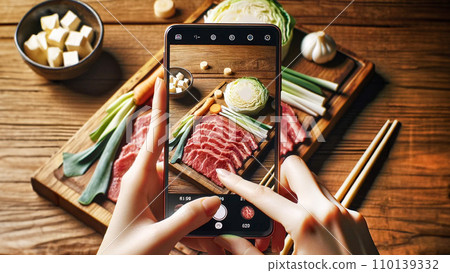 一位女士的手用智慧型手機生成人工智慧拍攝肉類和蔬菜的照片 一位女士的手用智慧型手機生成人工智慧拍攝肉類和蔬菜的照片 110139332