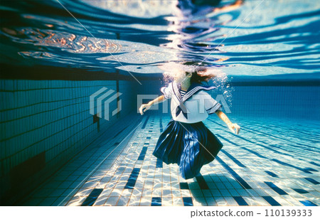 Nostalgic underwater photo of a girl in a sailor suit Generative AI 110139333