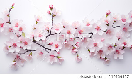 Abstract natural spring background light rosy dark flowers close up. Branch of pink sakura cherry 110139337