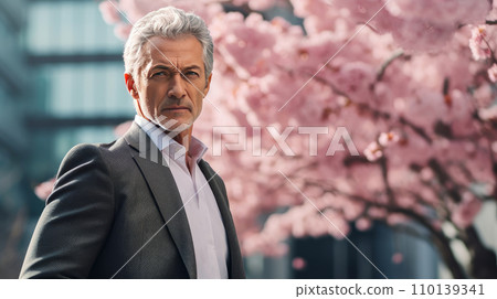 Modern happy young smiling elderly business man with gray hair against the background of pink Modern happy young smiling elderly business man with gray hair against the background of pink 110139341