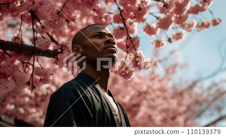 Modern happy young smiling dark-skinned African man against the backdrop of pink cherry blossoms Modern happy young smiling dark-skinned African man against the backdrop of pink cherry blossoms 110139379