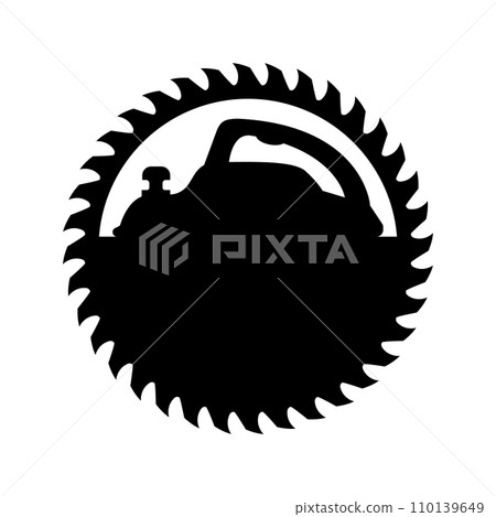 Woodworking logo. Electric planer with circular saw blade for wood. Black silhouette. Isolated vector clipart. Drawing on white background. Woodworking logo. Electric planer with circular saw blade for wood. Black silhouette. Isolated vector clipart. Drawing on white background. 110139649