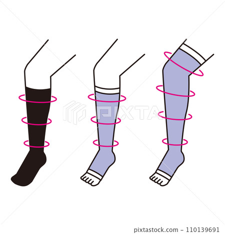 A set of feet wearing different types of compression socks 110139691