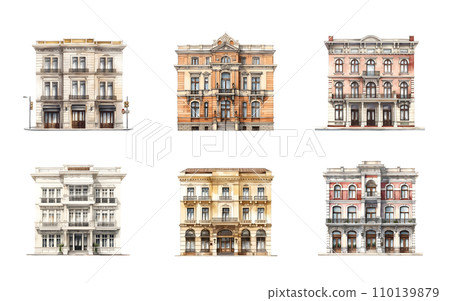 Building front view. Watercolor illustration hand paint style isolated. Perfect for design decoration. Building front view. Watercolor illustration hand paint style isolated. Perfect for design decoration. 110139879