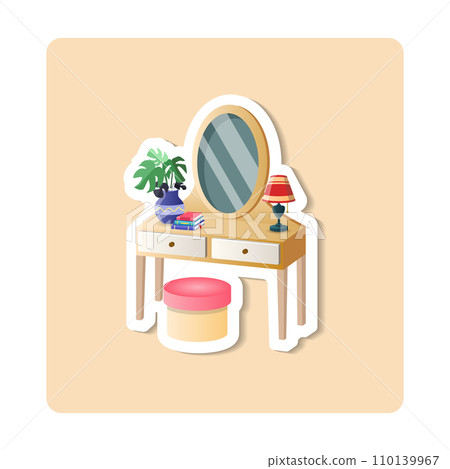 Dressing Table sticker illustration. Mirror, flower, lamp, books, ottoman. Editable vector graphic design. Dressing Table sticker illustration. Mirror, flower, lamp, books, ottoman. Editable vector graphic design. 110139967