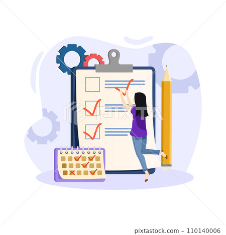 Planning illustration. Happy woman standing near check list and holding pen. Concept of successful completion of tasks. Daily planning and time management. Vector illustration in flat cartoon style. Planning illustration. Happy woman standing near check list and holding pen. Concept of successful completion of tasks. Daily planning and time management. Vector illustration in flat cartoon style. 110140006