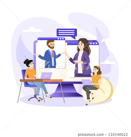 Collaborative learning illustration. Students working in group. Distance learning. Top view of teenagers preparing for lessons. Collaborative learning illustration. Students working in group. Distance learning. Top view of teenagers preparing for lessons. 110140022
