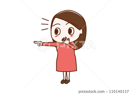 （全身對角線）一位女士指著某物並驚訝地註意到它 110140137