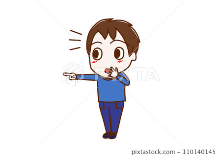 （全身對角線）一個男孩指著某樣東西並注意到它，臉上露出驚訝的表情。 110140145