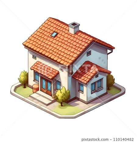 Isometric family house building icon in cartoon hand draw style. Residential home property isolated. Perfect for design decoration. 110140482