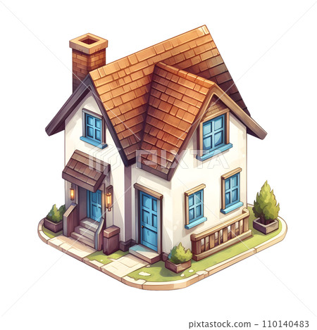 Isometric family house building icon in cartoon hand draw style. Residential home property isolated. Perfect for design decoration. 110140483