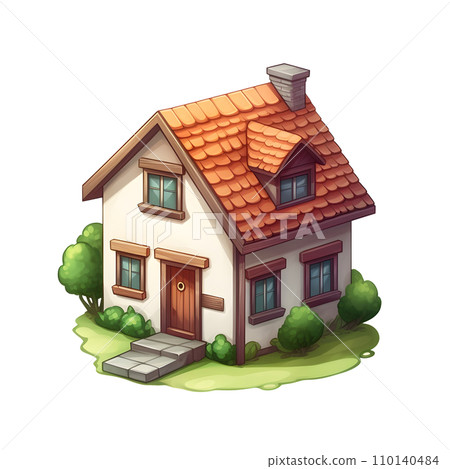 Isometric family house building icon in cartoon hand draw style. Residential home property isolated. Perfect for design decoration. 110140484