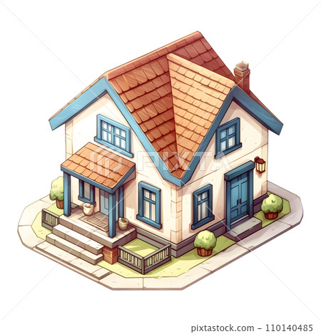 Isometric family house building icon in cartoon hand draw style. Residential home property isolated. Perfect for design decoration. 110140485