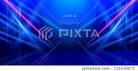 Elegant blue stage background with blue dot neon line and lighting effect sparkle. 110140673