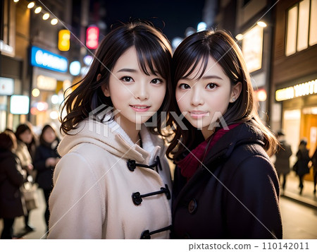 A female couple faces each other on the street at night (generated AI) A female couple faces each other on the street at night (generated AI) 110142011