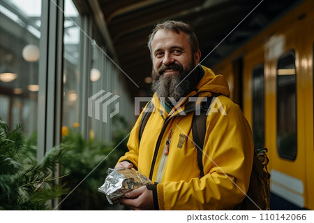 Professional Postman with Package in Hand Standing in Front of Postal Delivery Van Professional Postman with Package in Hand Standing in Front of Postal Delivery Van 110142066