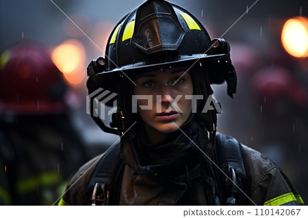 Dedicated Female Firefighter in Full Uniform Poses Confidently with Protective Helmet Dedicated Female Firefighter in Full Uniform Poses Confidently with Protective Helmet 110142067