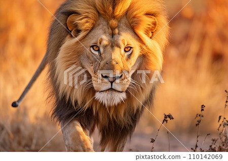 A mighty Lion roaming vast expanses of Africa in a swanna during a serene morning. 110142069