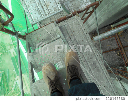 Top or side view of construction worker standing on construction site while wearing safety shoes. The shoes are dirty and dusty. Top or side view of construction worker standing on construction site while wearing safety shoes. The shoes are dirty and dusty. 110142580