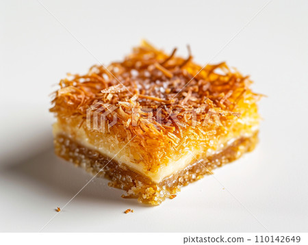 Close-up of Arabic dessert Kunafa on a white background. Close-up of Arabic dessert Kunafa on a white background. 110142649