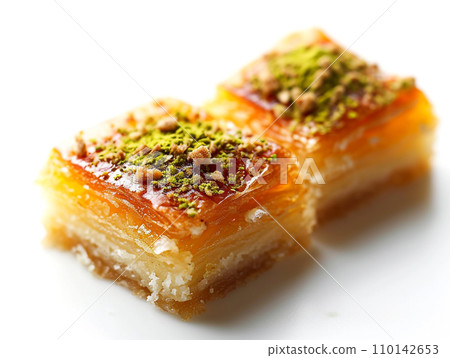 Close-up of Arabic dessert Kunafa on a white background. Close-up of Arabic dessert Kunafa on a white background. 110142653