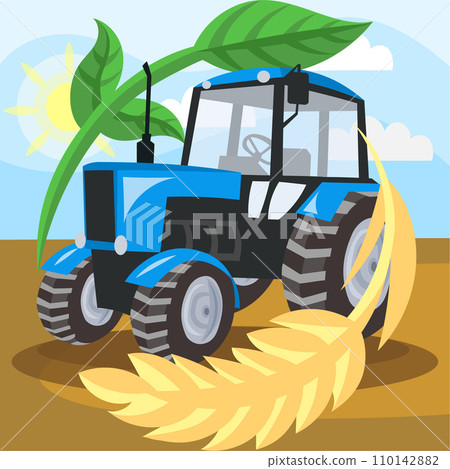 Blue tractor during work at field inside circle of wheat and green plant in sunny day Blue tractor during work at field inside circle of wheat and green plant in sunny day 110142882