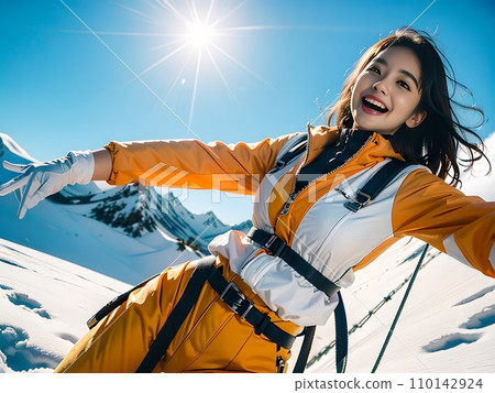 A female climber climbing a snow-covered mountain spreads her arms out in the snow and is impressed (generated AI) 110142924