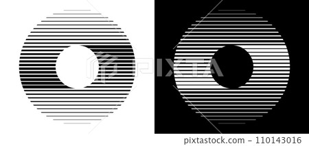 Transition parallel lines in circles. Abstract art geometric background for logo, icon, tattoo. Black shape on a white background and the same white shape on the black side. 110143016