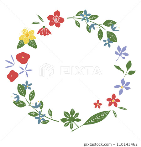 Circular frame of flowers and leaves, botanical wreath frame 110143462