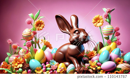 3D Chocolate Easter bunny decorated with spring flowers, eggs. Easter greeting card 110143787