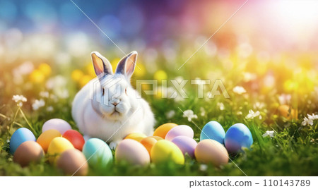 Easter rabbit in meadow with easter eggs in the fresh,green spring landscape. 110143789