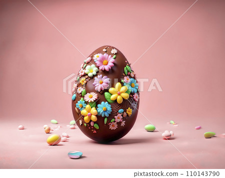 3D Chocolate Easter egg decorated with spring flowers. Easter greeting card 3D Chocolate Easter egg decorated with spring flowers. Easter greeting card 110143790