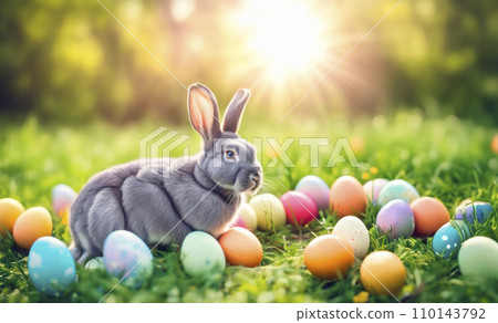 Easter rabbit in meadow with easter eggs in the fresh,green spring landscape. 110143792