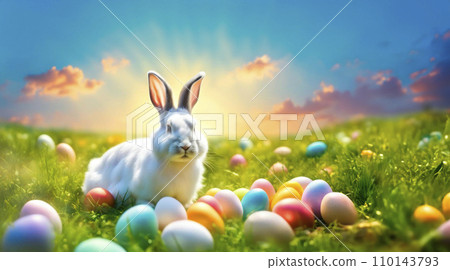 Easter rabbit in meadow with easter eggs in the fresh,green spring landscape. Easter rabbit in meadow with easter eggs in the fresh,green spring landscape. 110143793
