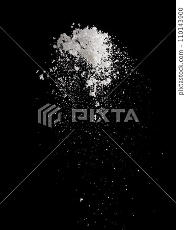 Photo image of throwing snow fly in air. Snows Freeze shot on black background isolated overlay. Fluffy White snowflakes splash cloud in falling down. Real Snow throwing shower 110143900