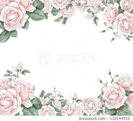 Watercolor frame illustration white cream rose and green leaves isolated on white background. Border hand painted natural plant twigs with light peach fuzz color roses rose for design Watercolor frame illustration white cream rose and green leaves isolated on white background. Border hand painted natural plant twigs with light peach fuzz color roses rose for design 110144510