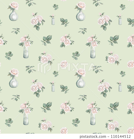 Light peach fuzz color roses seamless pattern. Cream roses arrangement. collection garden flowers and leaves. watercolor hand painting illustration on isolate background. For wedding invitations 110144512