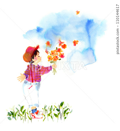 Boy playing in a flower-filled park, child, watercolor, flowers, heartwarming sky Boy playing in a flower-filled park, child, watercolor, flowers, heartwarming sky 110144617