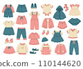 Modern kids clothes set. Fashion garments for girls. Collection of stylish casual children wearing.  110144620