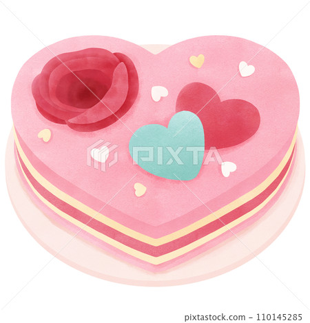 Pink cake with hearts, rose flowers, watercolor clip art 110145285