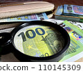 Magnifying glass on different Euro banknotes 110145309
