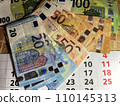 Euro banknotes of different denominations on a calendar with a date, the concept of saving money 110145313