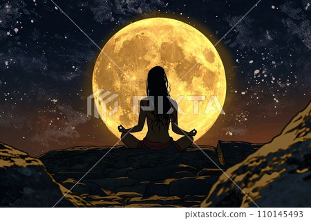 Yoga woman girl sitting under the moon meditation 110145493