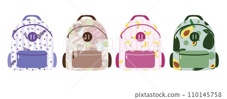 Set of different school backpack and schoolbag. Back to school, Flat or Cartoon style collection of children bags with floral print on pocket. Modern Hand drawn vector isolated on white illustration. Set of different school backpack and schoolbag. Back to school, Flat or Cartoon style collection of children bags with floral print on pocket. Modern Hand drawn vector isolated on white illustration. 110145758