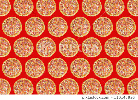 trendy colorful repeating pattern of a whole pizza on a red background. High quality photo trendy colorful repeating pattern of a whole pizza on a red background. High quality photo 110145956