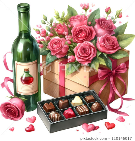 watercolor Valentine's day background with gift box, glass of red wine roses and chocolate candies. AI watercolor Valentine's day background with gift box, glass of red wine roses and chocolate candies. AI 110146017